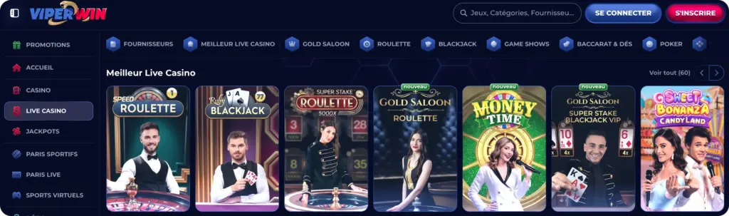 Lobby du Casino Live ViperWin avec tables Roulette, Blackjack et Baccarat