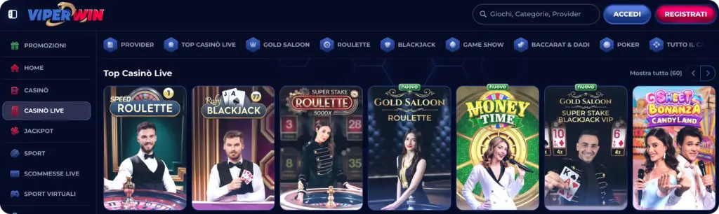 Lobby del Casinò Live su ViperWin con tavoli Roulette, Blackjack e Baccarat