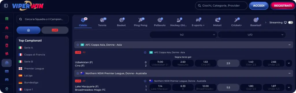 Interfaccia scommesse live su ViperWin con quote in tempo reale e statistiche